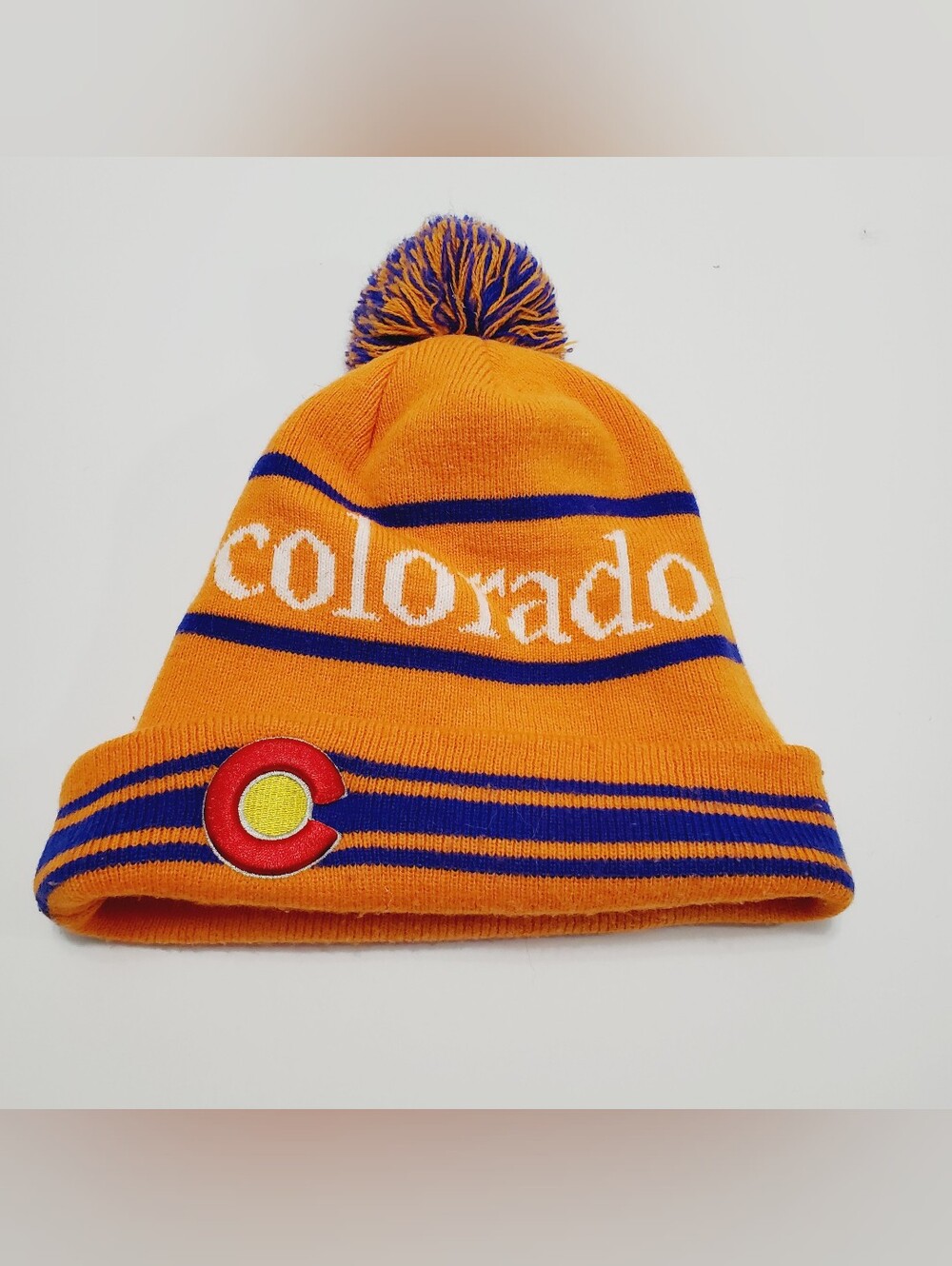 Colorado Unisex Orange & Blue Knit Beanie Winter Hat Pom One Size